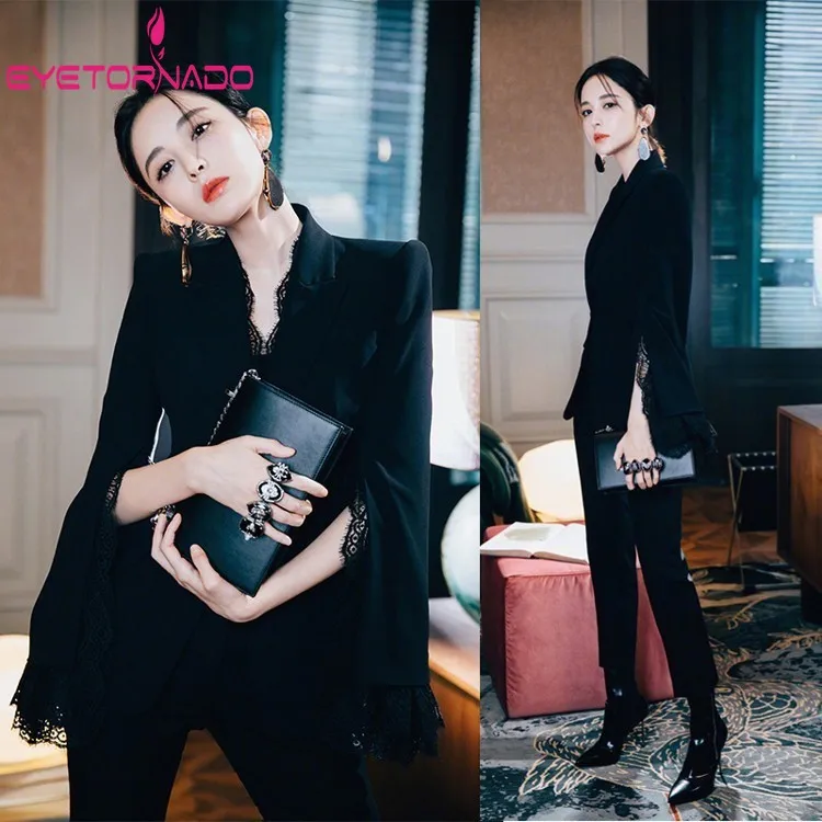 Women Work 2 Piece Pant Set Slim Single Button Lace Flare Sleeve Blazer Jacket+ Long Pencil Trouser Suit lady Black Outfit