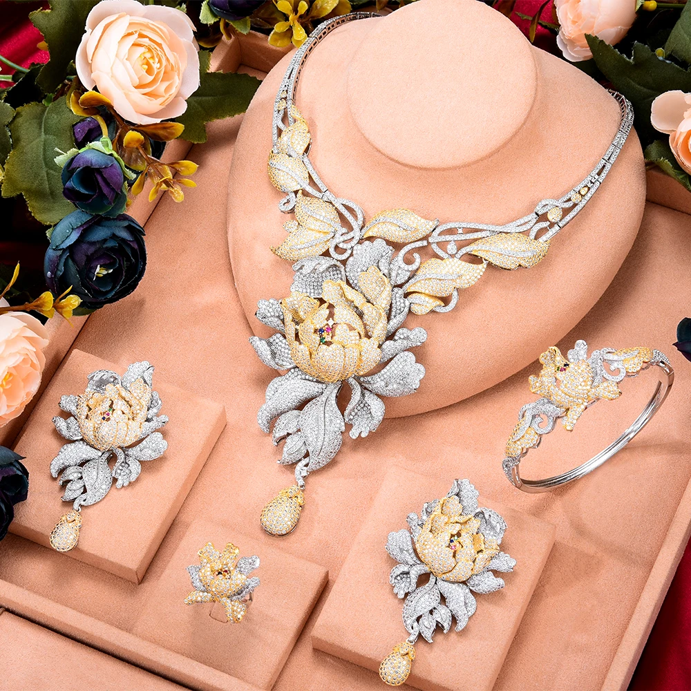 

missvikki Natural Big Peony Flowers Jewelry Set Luxury Cubic Zirconia Bangle Earrings Necklace Ring Pendant Accessories Bijoux