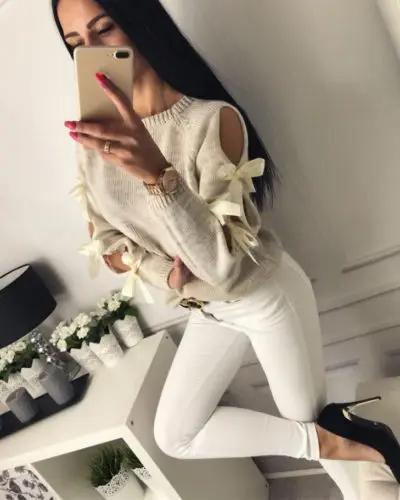 

Женский свитер с бантом и длинным рукавом, пуловер, свободные топы, вязаная одежда, новый бренд
