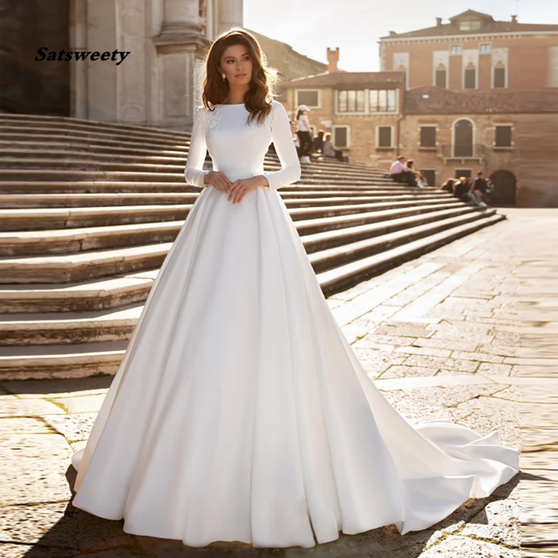 

Satsweety свадебное платье А-силуэта цвета слоновой кости атласные свадебные платья Элегантное платье с длинным рукавом для невесты Abito Da Sposa 2021