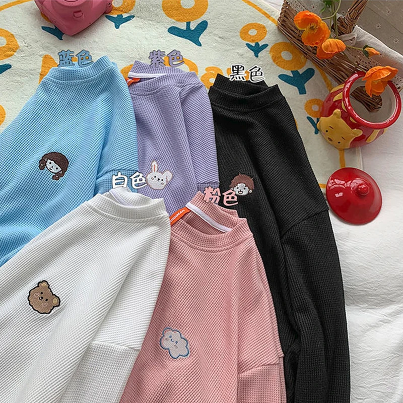 

Cartoon Anime Embroidery Women Long Sleeve Sweatshirt Loose Streetwear Casual Autumn Spring Kpop Top Thin Waffle O-Neck Clothes