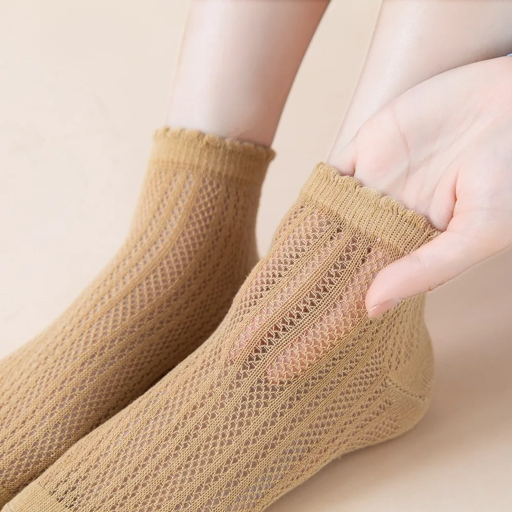 New Sweet Girls Socks 7 Pairs Summer Thin Kawaii Mesh Breathable Low Tube Socks Cotton Bubble Mouth Solid Casual Short Socks