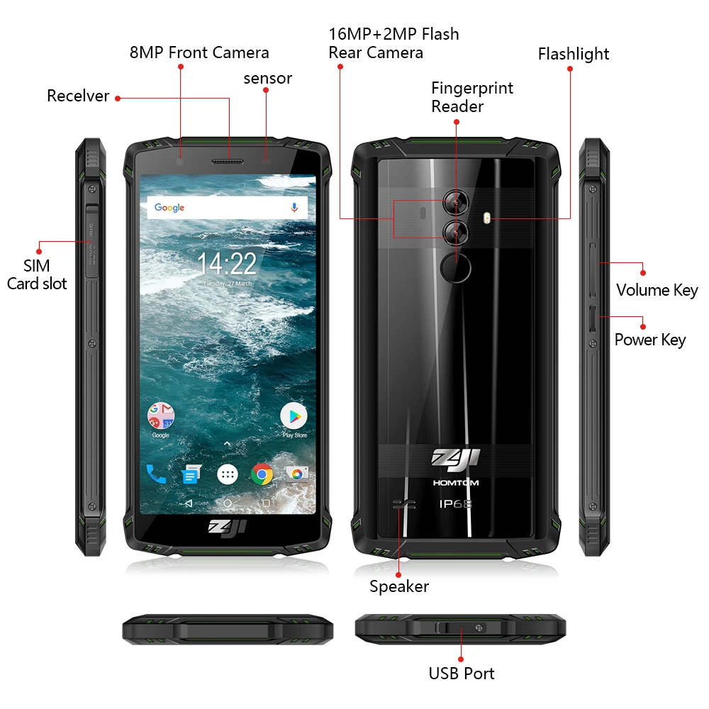 HOMTOM ZJI Z9 IP68 Helio P23 Android 8 1 смартфон 5 7 дюймов 6 ГБ 64 Гб 1440X720P 5500 мАч для распознавания