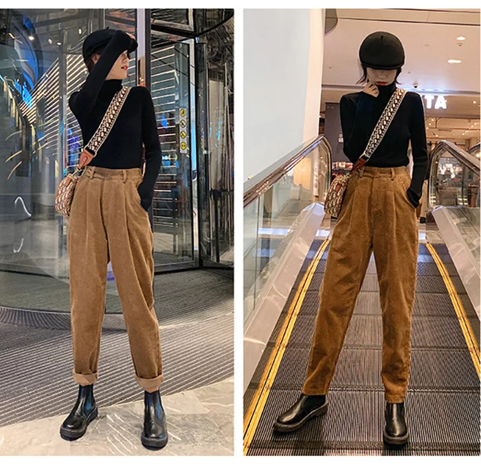 Winter Corduroy Pants Women Autumn High Waist Pockets Trousers Women Plus Size Streetwear Harem Pants Pantalon Femme