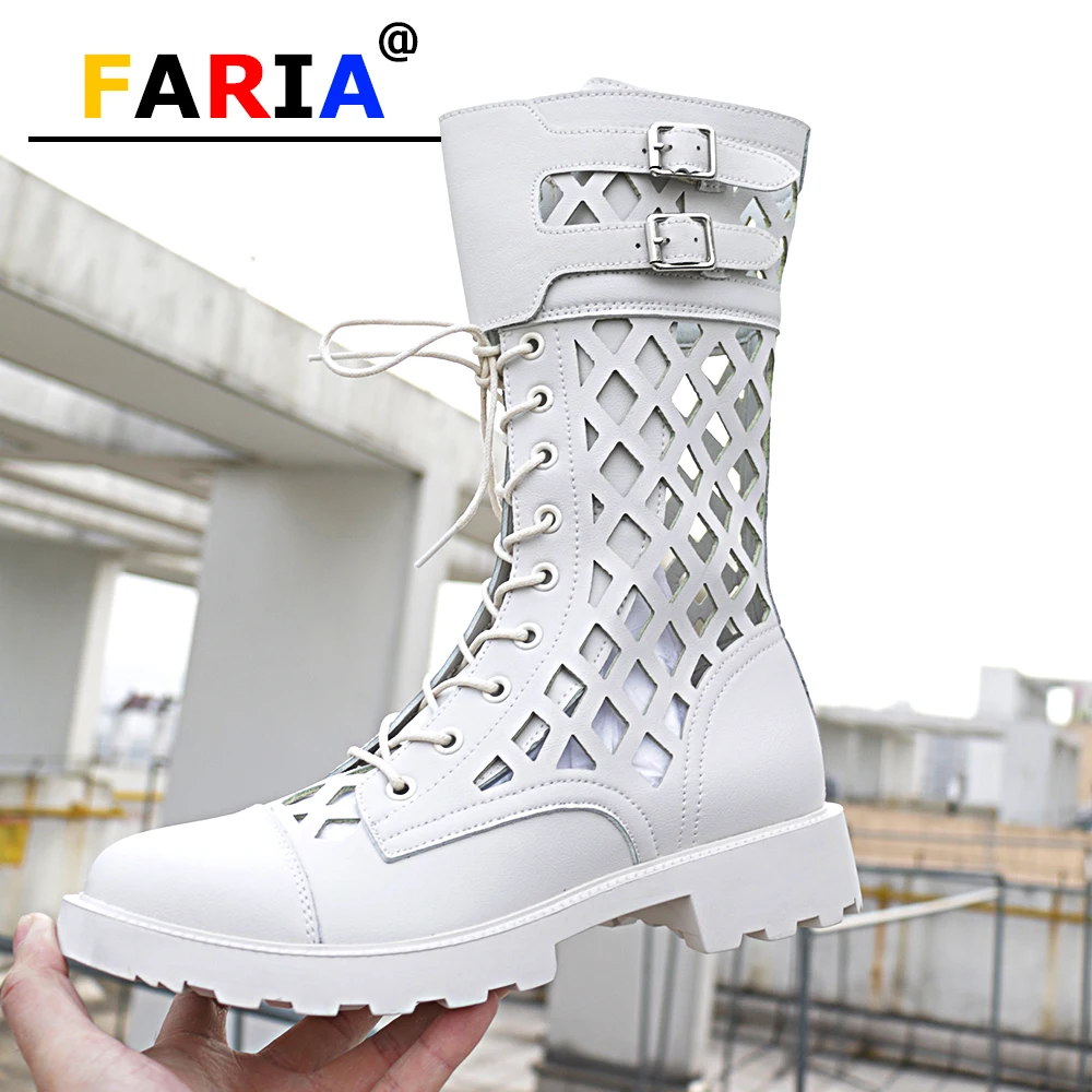 Женские мотоциклетные ботинки до середины икры белые ажурные из натуральной