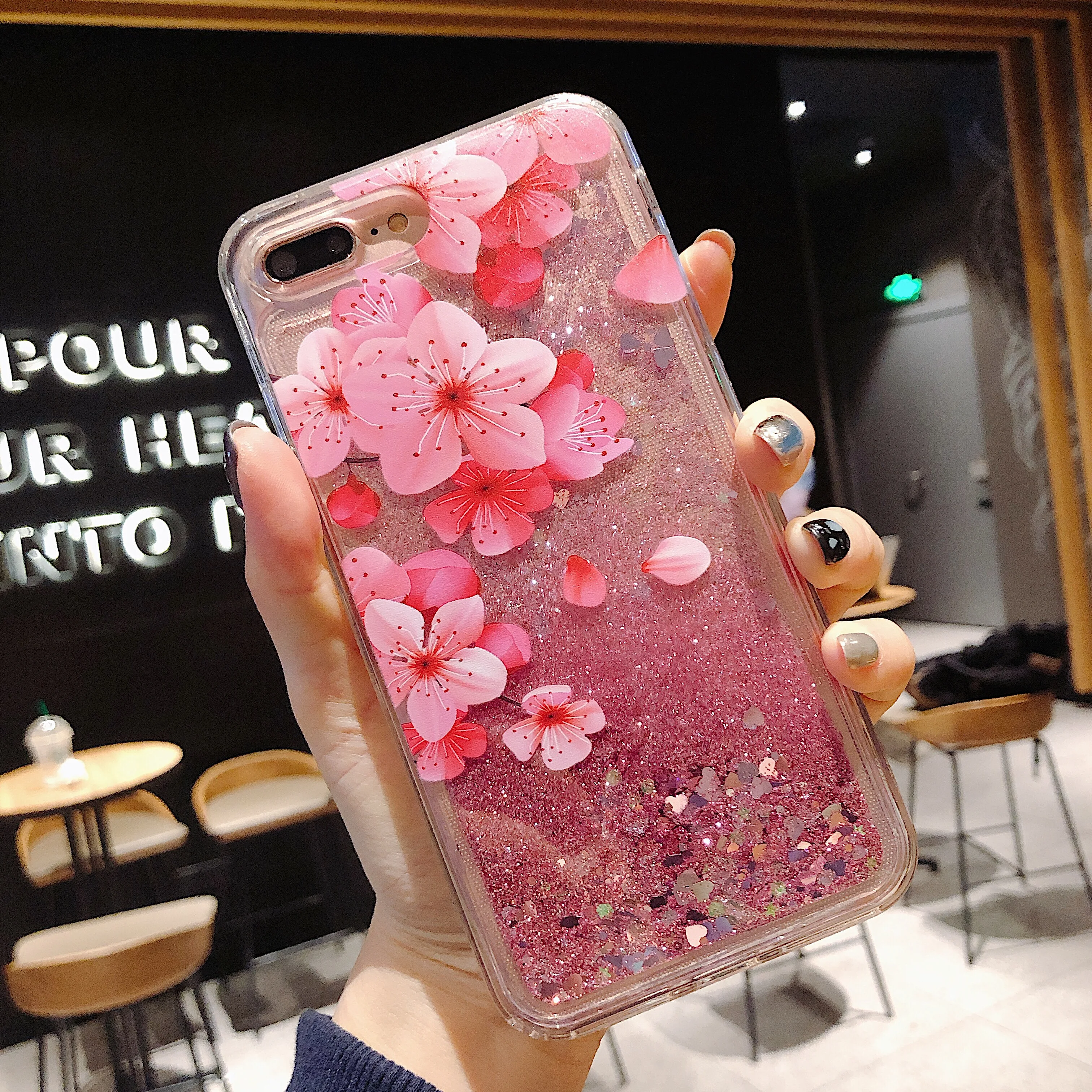 

Easterm Glitter Shiny Peach Blossom Pink Flower Quicksand Liquid Cellphone Case For iPhone 11 Pro Max X XR XS Max 7 8P 12Mini