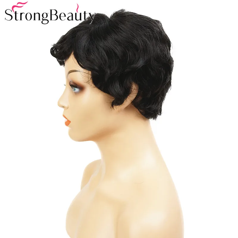StrongBeauty короткий кудрявый женский парик натуральный черный Пикси СТРИЖКА Полный