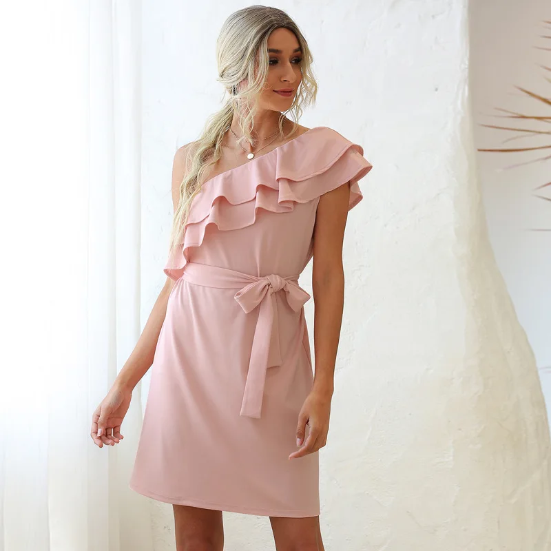 

2021 Women's Summer Slant Shoulder Double Ruffle Bandage Sexy Dress Elegant Party Dress Temperament Vestidos En*