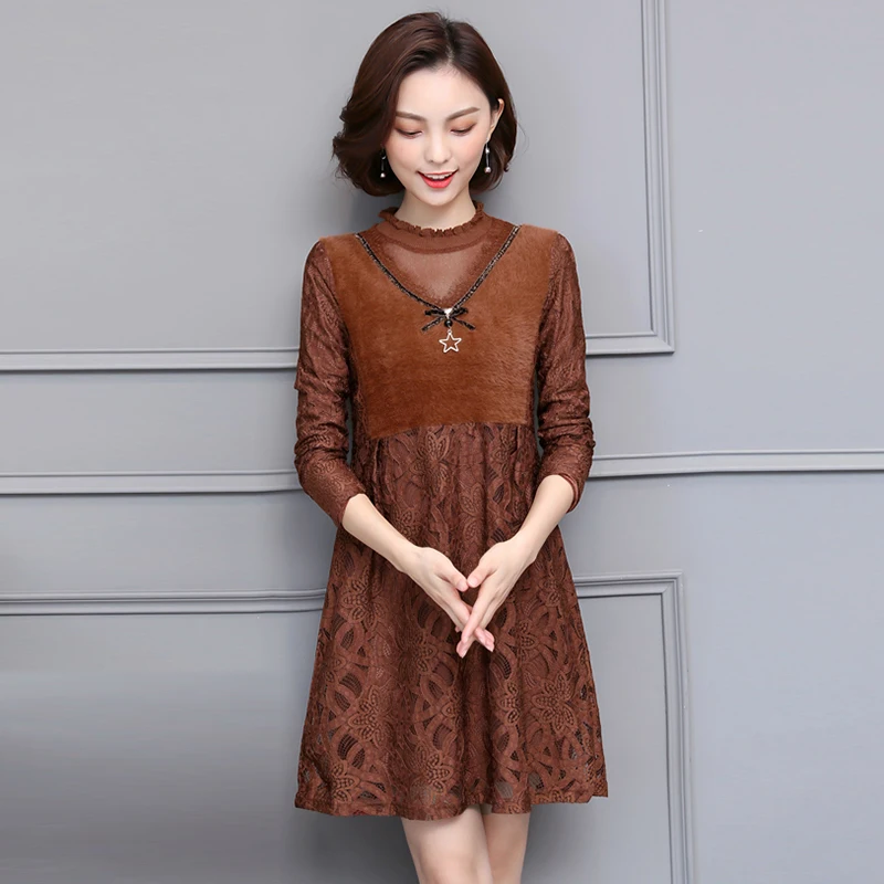 2020 New Hot Sale Round Neck Autumn Winter Dresses Female Clothing Pure Color O-Neck Padded Spliced A-Line Lace Dress OK1375 | Женская
