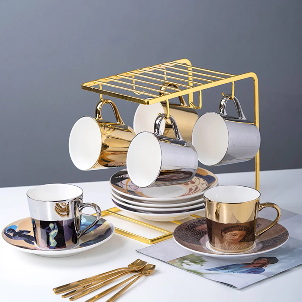 Новый 250 мл золотистый серебристый чашку кофе керамические чашки для чая и ложка