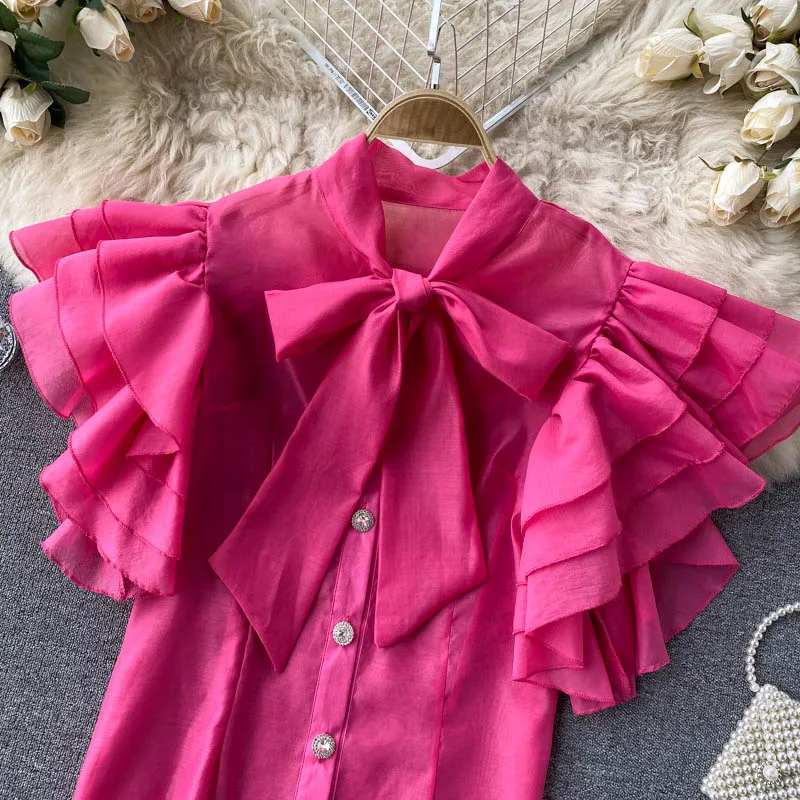 

Summer Women Sweet Ruffles Hem Blouse Shirt Thin Light Ladies Sleeves Bowknot Neck Fashion Shirts Top Blusas Femininas