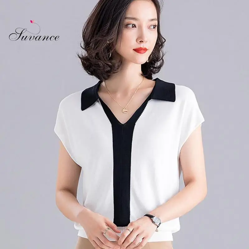 Summer Autumn Office Lady Knitted Sweater Turn-down Collar 3 Color Fashion Pullover Patchwork Size S-xl Women | Женская одежда