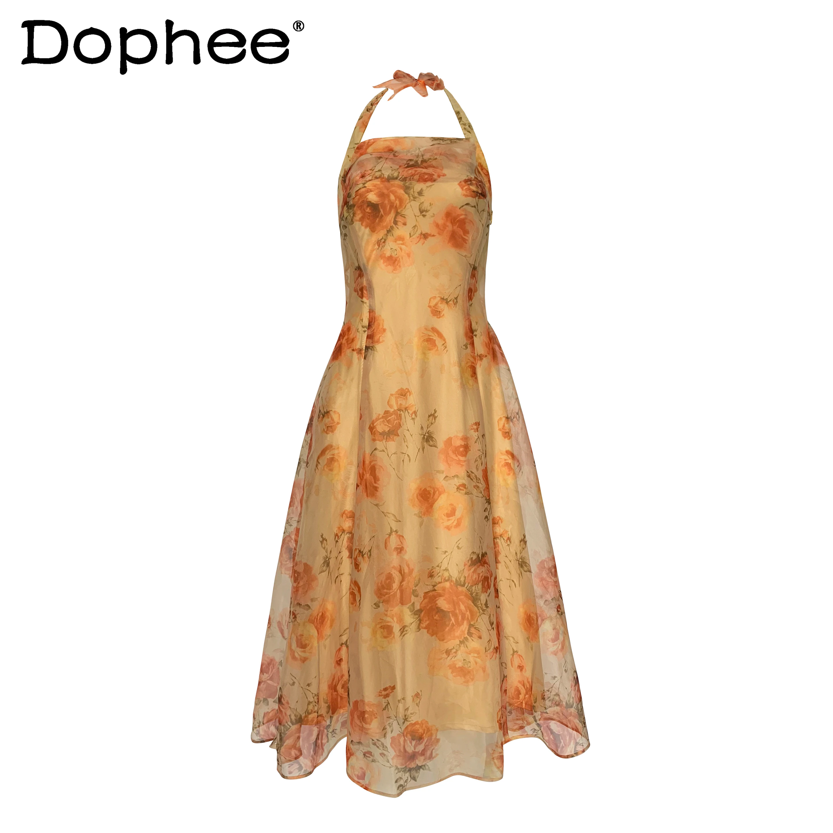 

Retro Oil Painting Flower Organza Dress for Women Spring and Summer Sexy Halter Dress Mid-length Elegant Fashion Sweet Dress