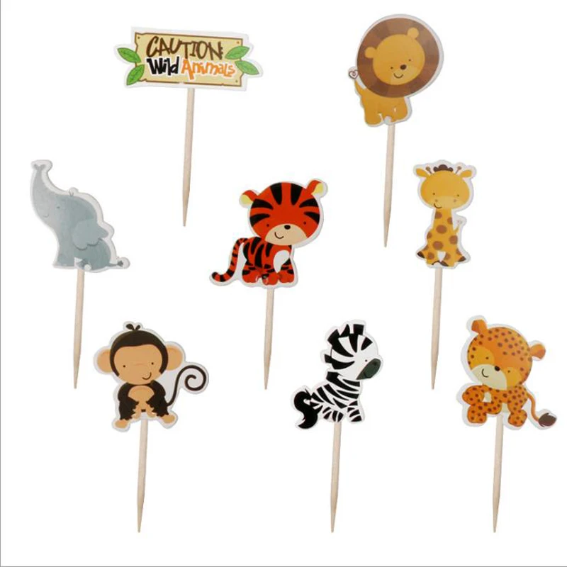 

240pcs/lot Baby Shower Monkey Lion Tiger Zebra Cupcake toppers Decorate Kids Favors Birthday Party Jungle Animals Cake Topper