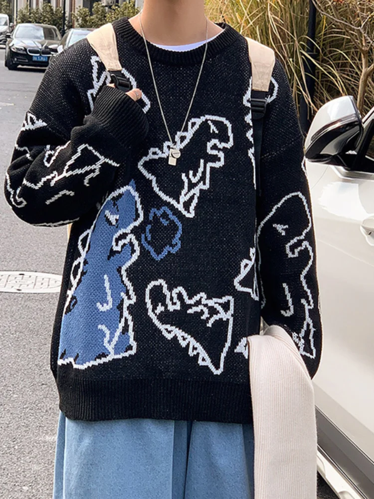

Men Harajuku Fashion Knitted Sweater Hip Hop Dinosaur Cartoon Print Couple Oversized Creative All-Match Casual Pullover Autumn