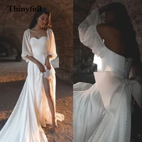 back bow dot long sleeves bridal gowns 2021 square neck beach wedding dresss soft tulle princess party dress robe de mariee