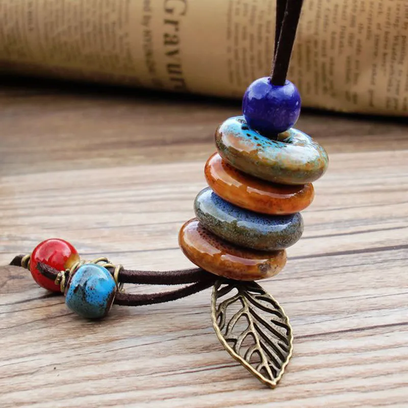 Винтажное простое длинное керамическое ожерелье с подвеской в виде листьев из
