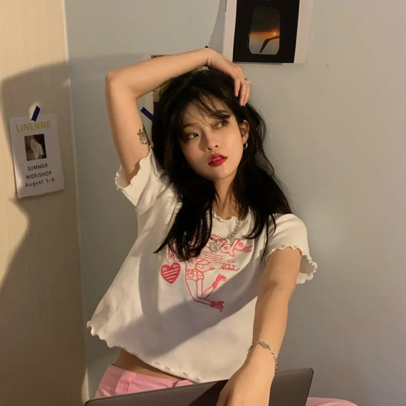 Girls' Embroidered T-shirt Short Sleeve Hot Girl Base Coat Summer Korean Slim Fit BM Style White Top | Женская одежда