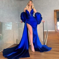 royal blue mermaid evening dresses with detachable puff sleeve sexy side slit formal party gown satin for women custom made