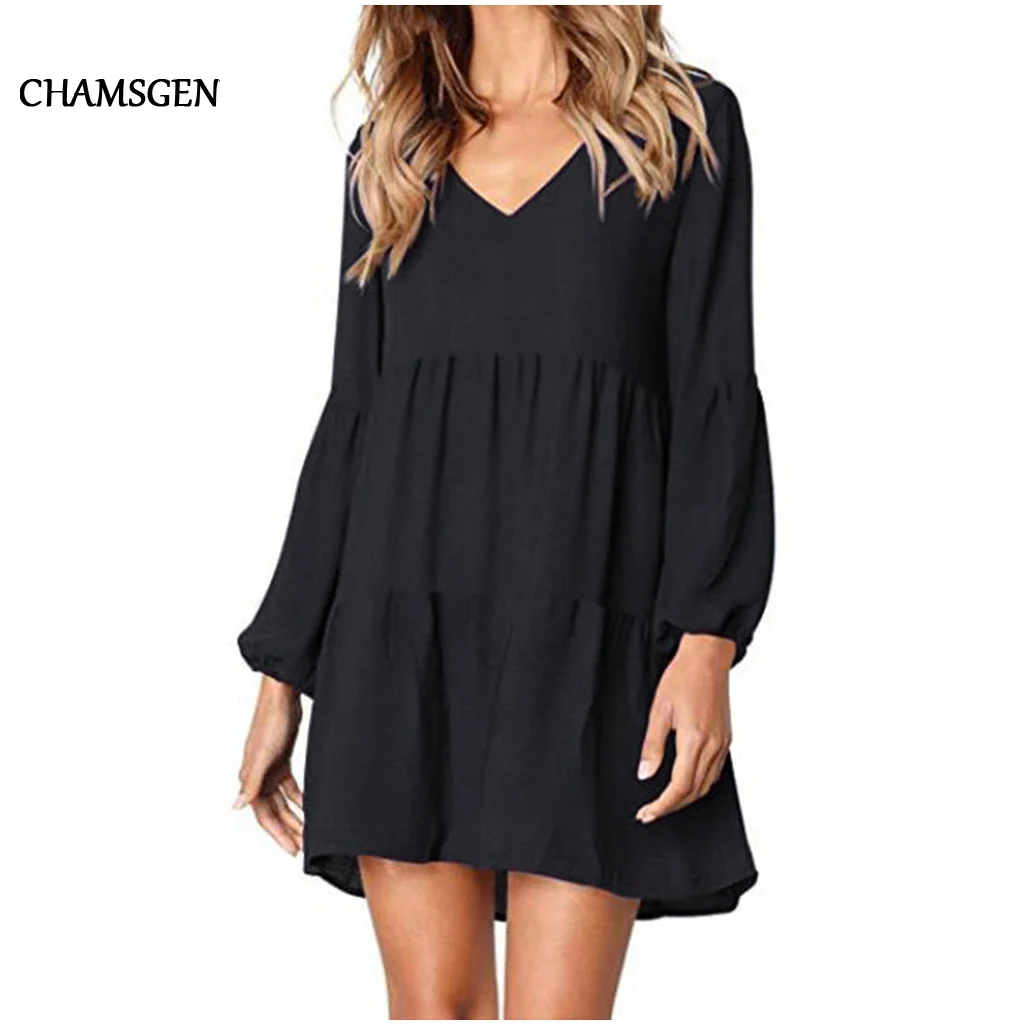 Женское платье с длинным рукавом и v образным вырезом CHAMSGEND черное мини