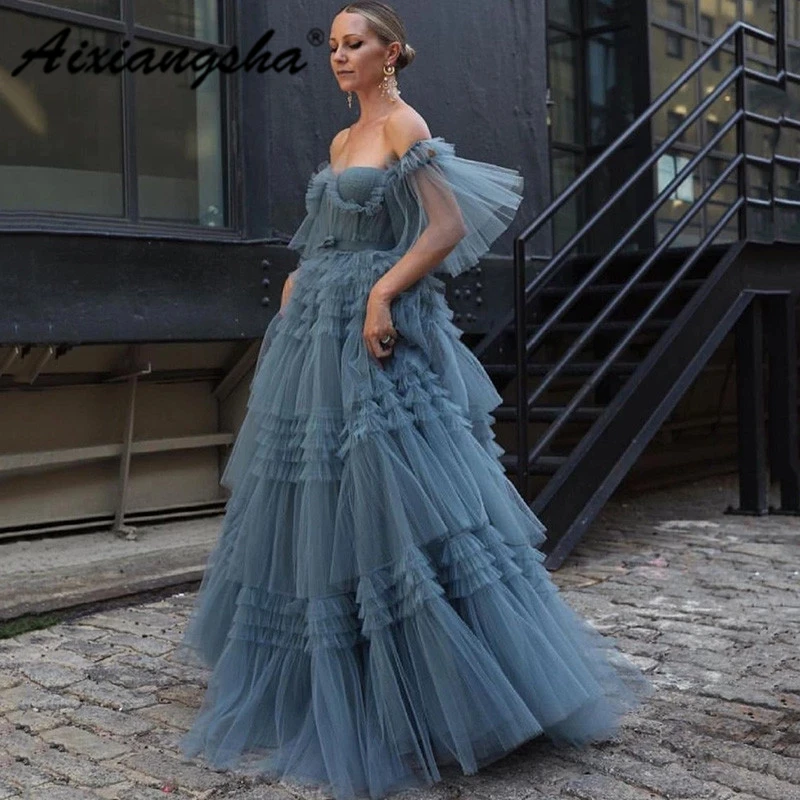 Aixiangsha Navy Blue Evening Dresses V Neck Off The Shoulder Full Sleeve Appliques Beading Ball Party Gowns Robe De Soirée long sleeve evening gowns