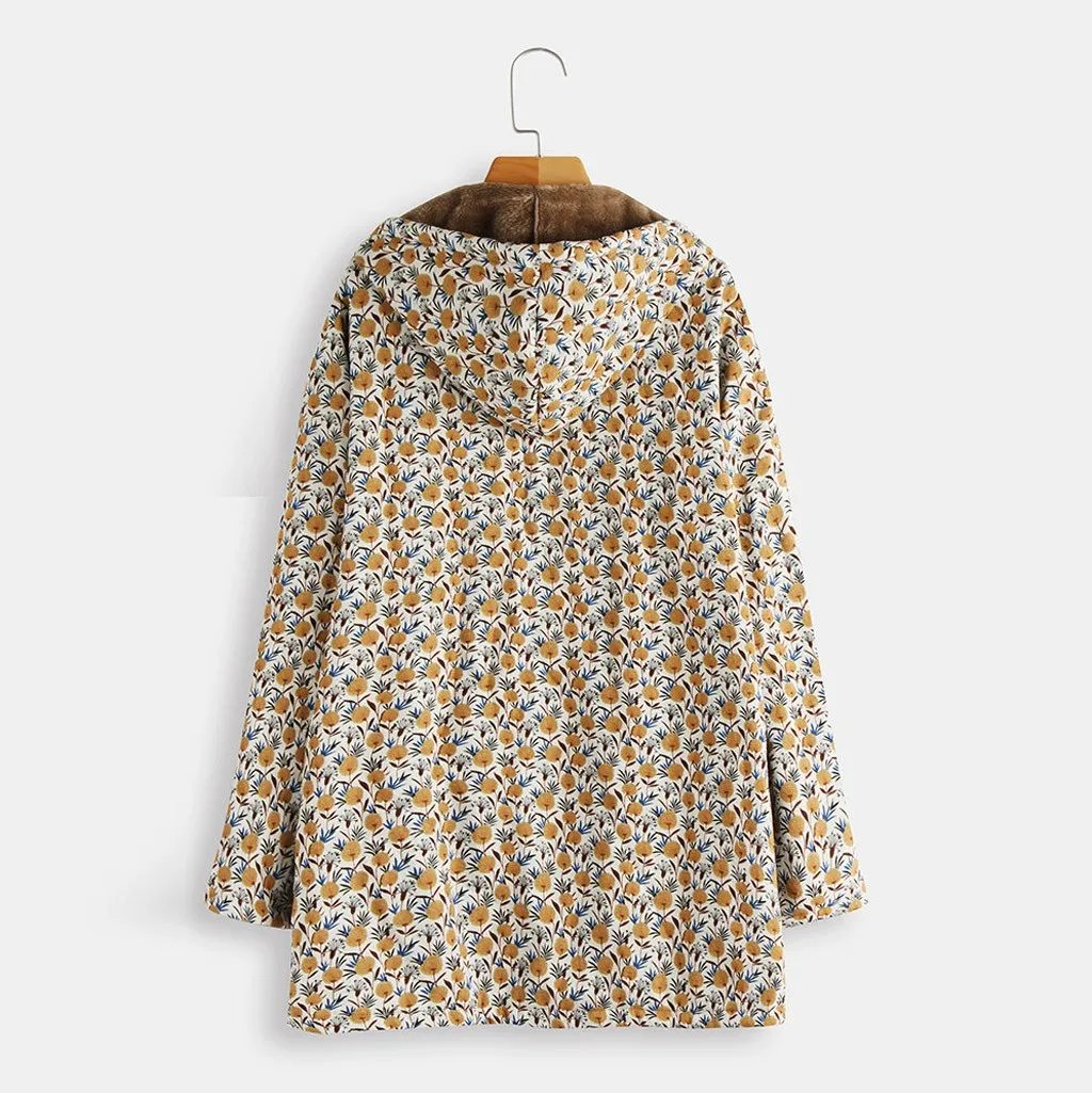 SAGACE Женское пальто размера плюс зимнее теплое винтажное с цветочным принтом