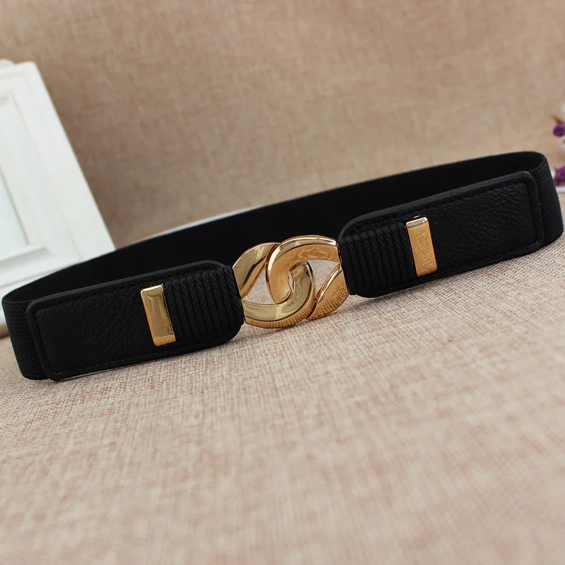 

1Pcs Luxury design Fashion Women's Belts PU Black Waist Band Elastic Girdle Gold Buckle Wide Belts Women's Decorative Waist Belt