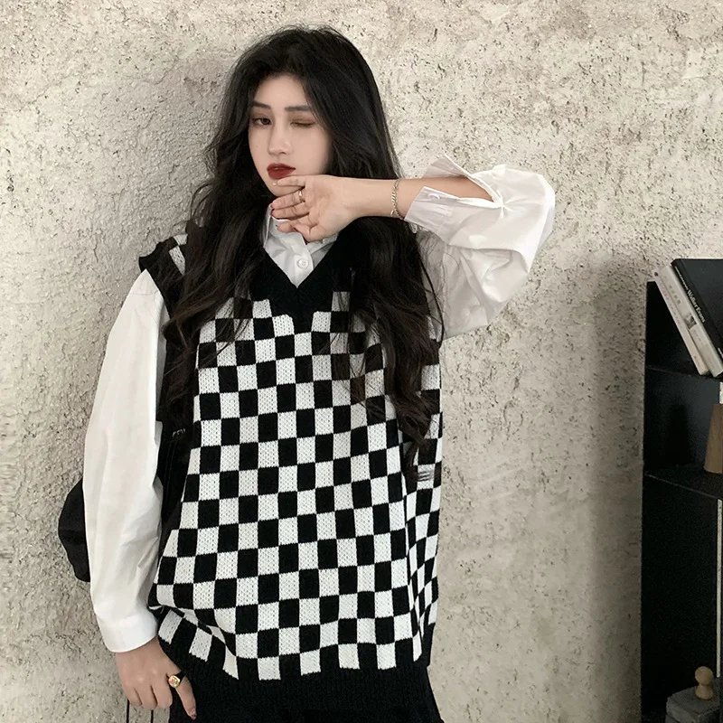 

Осенне-зимний новый свободный и универсальный корейский большой женский вязаный клетчатый свитер с V-образным вырезом
