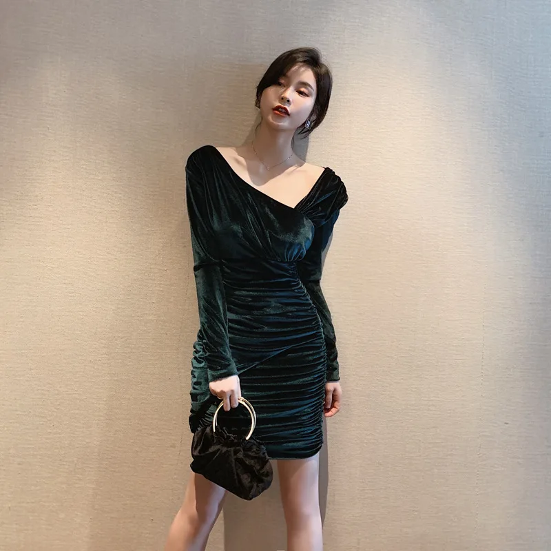 

Autumn High End Women Bandage Draped Dress Backless Bow Velvet Long Sleeve Bodycon Dress Vintage Sexy Party Dresses Vestidos