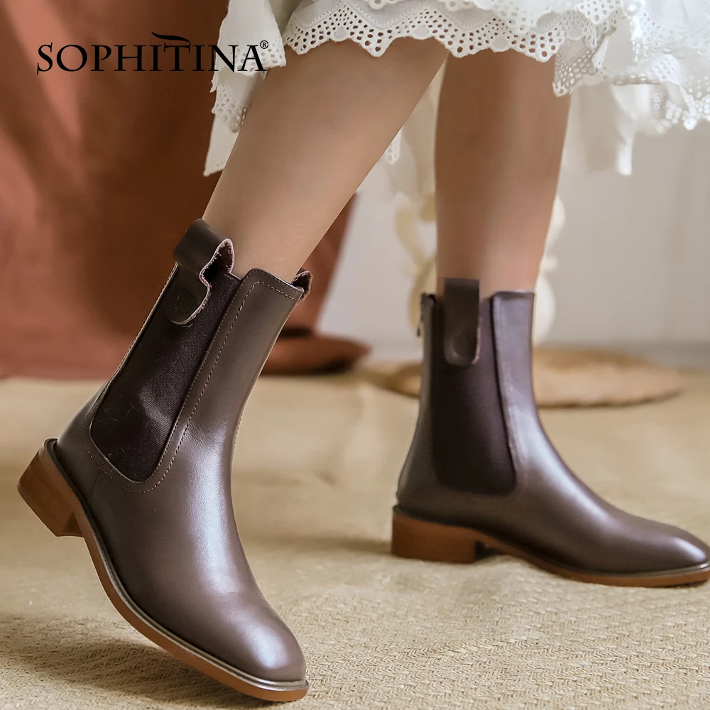 

SOPHITINA Casual Lady Shoes Handmade Square Heel Round Toe Solid Slip-On Shoes Concise Spring/Autumn Commute Chelsea Boots HO164