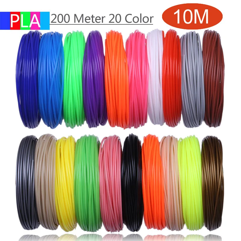 200 Meter 20 Color 3D Ручка PLA Filament 200 метров, 20 цветов, 1,75 мм, пластиковые нити, 3 d материалы для принтера, для 3D ручек, детские подарки на день рождения - Цвет: 200 Meter 20 Color