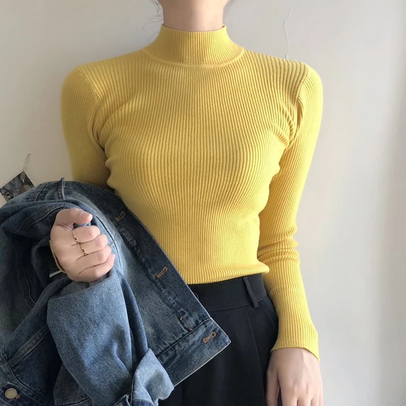 yellow Gagaok новые осенние зимние пуловеры для женщин водолазка свитер Повседневная Базовая рубашка с длинным рукавом короткий корейский Тонкий стрейч Топ - Цвет: yellow