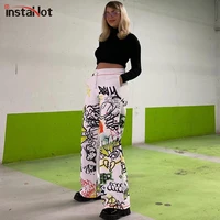 instahot harajuku wide leg painting printed trousers 2021 high waist leisure loose cotton summer casual gothic streetwear pants