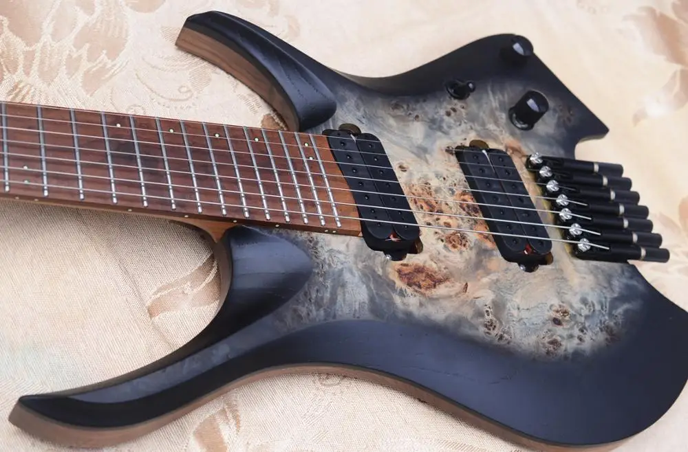 aufgefächert bünde 7 strings kopflose elektrische gitarre schwarz farbe 5 lagen gerösteten ahorn hals ergonomische asymmetrische neck g