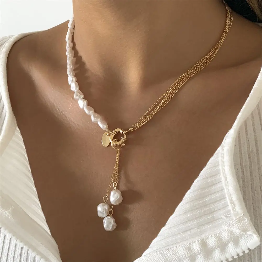 

New Baroque Irregular Pearl Pendant Necklace for Women Wedding Punk Chest Tassel Chain OT Buckle Choker Party Jewelry