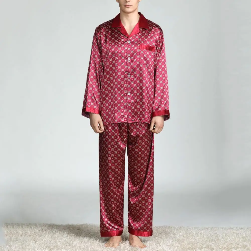 

Men Pajama Sets Imitation Silk Pajama Set Print Shirt Long Pants Sleepwear Nightwear Women Men Home Clothing 6 Colors Plus Size