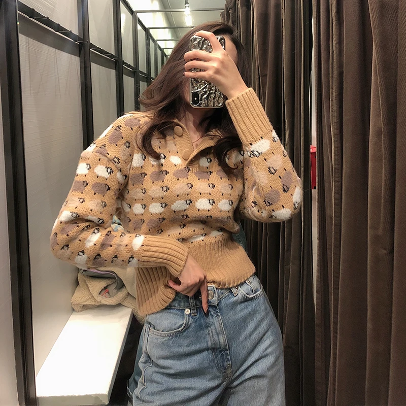 

2020 new Women Autumn winter Little sheep print knitted sweater O-Neck Long sleeve sweater pullover Casual Knitted top