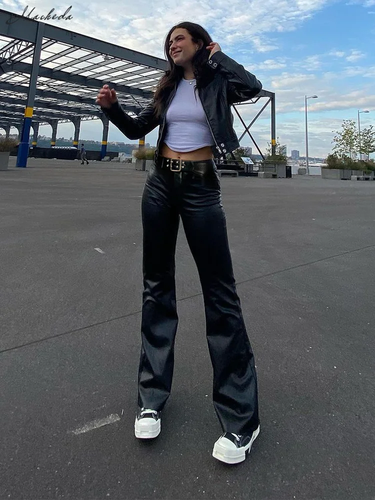

Macheda Autumn Low waist PU leather pants Belt waist tight Fashion ladies straight leg pants Motorcycle girl cool leather pants