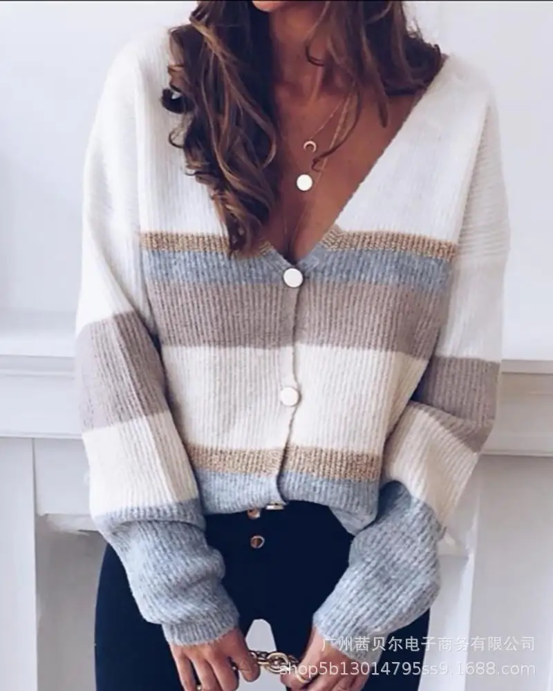 

Striped Long Sleeve Cardigan Sweater 2021 Korean Fashion New Fit V-Neck Long Sleeve Pullovers Women Streetwear Outerwear
