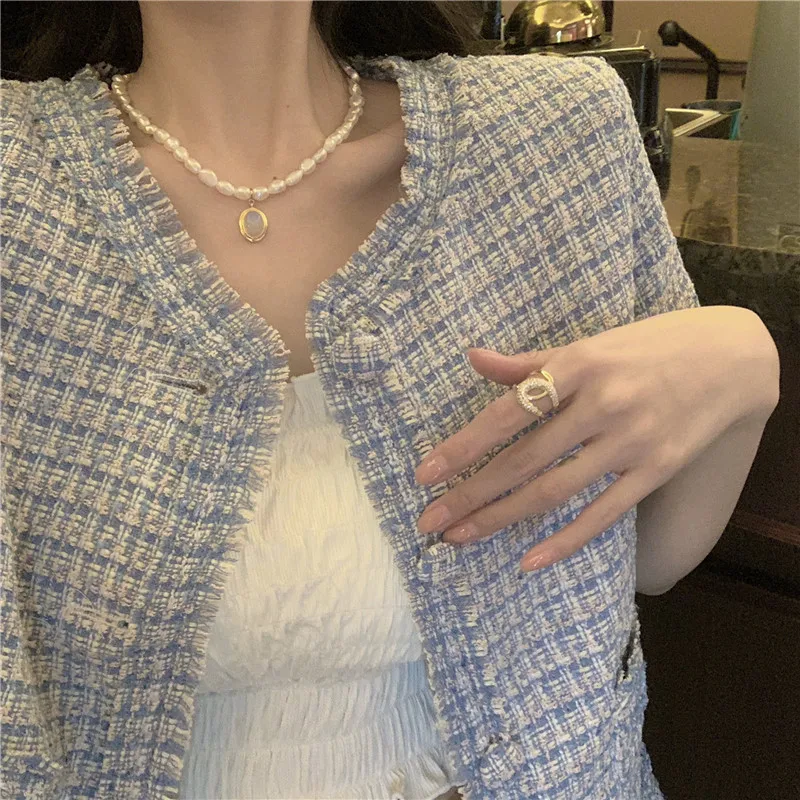 

Spring Summer 2021 Vintage Short Sleeve Women's Tweed Jacket Round Neck Single-Breasted Casual Short Cardigan Top Outwear