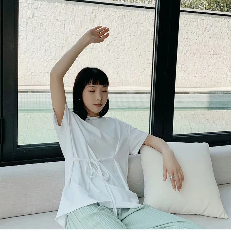 

Solid Tie T-Shirt Women'S Korean Style Loose Short Sleeve Women Simple And Thin Tees Woman Summer Round Neck Casual Tops 2021