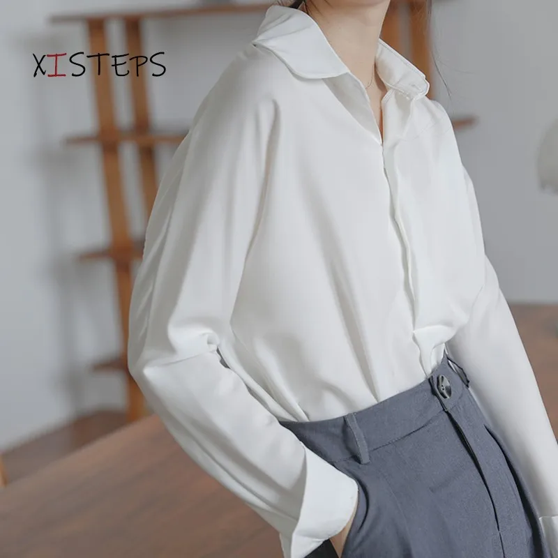 Satin Blouses Shirts For Women 2021 Spring Autumn Female Office Suit Blouses White Black Loose Tops Button Ladies Clothings