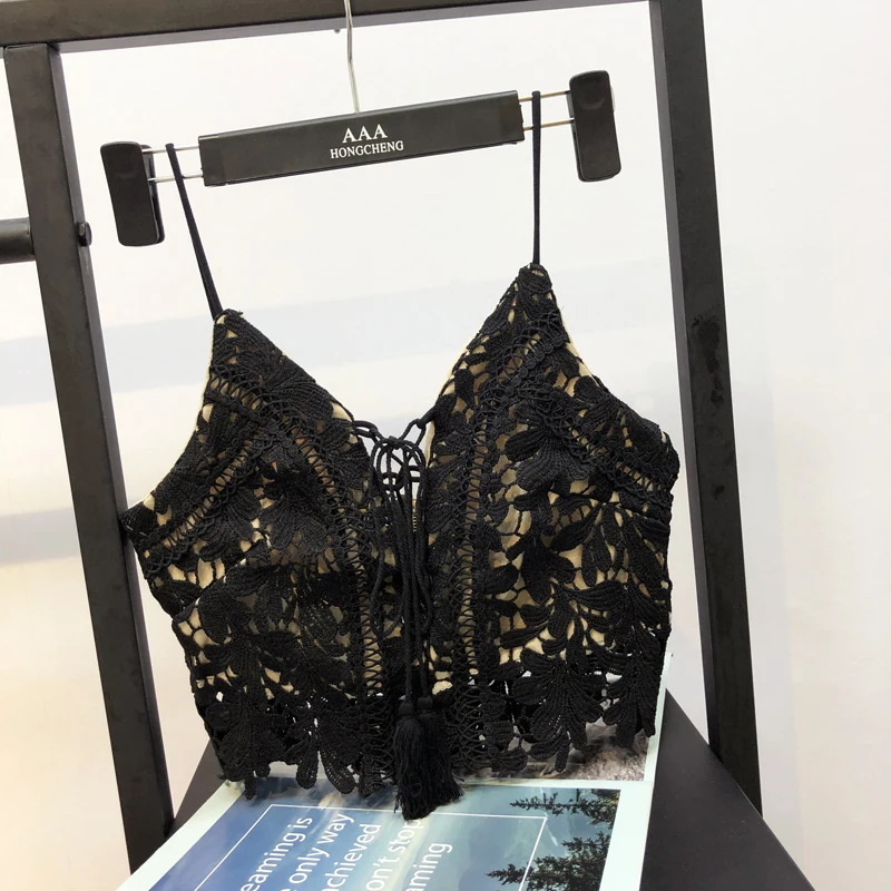 black tops MUMUZI/Новые летние кружевные топы с бретельками на бретельках, кружевные топы без бретелек с кисточками, Короткие топы на бретельках - Цвет: black tops