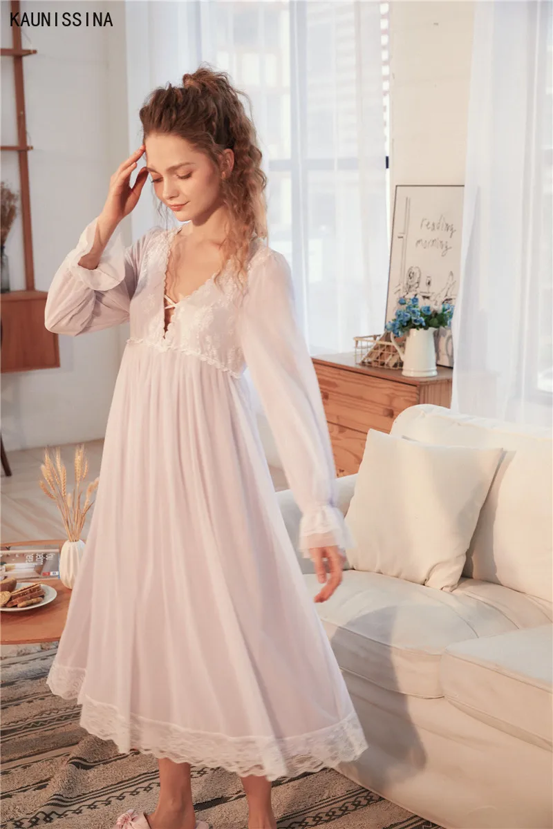 

Women Cotton Nightdress V-Neck Loose Sleepwear Lace Vintage Nightgown Sleepshirts Female Long Sleeve Homewear Dress