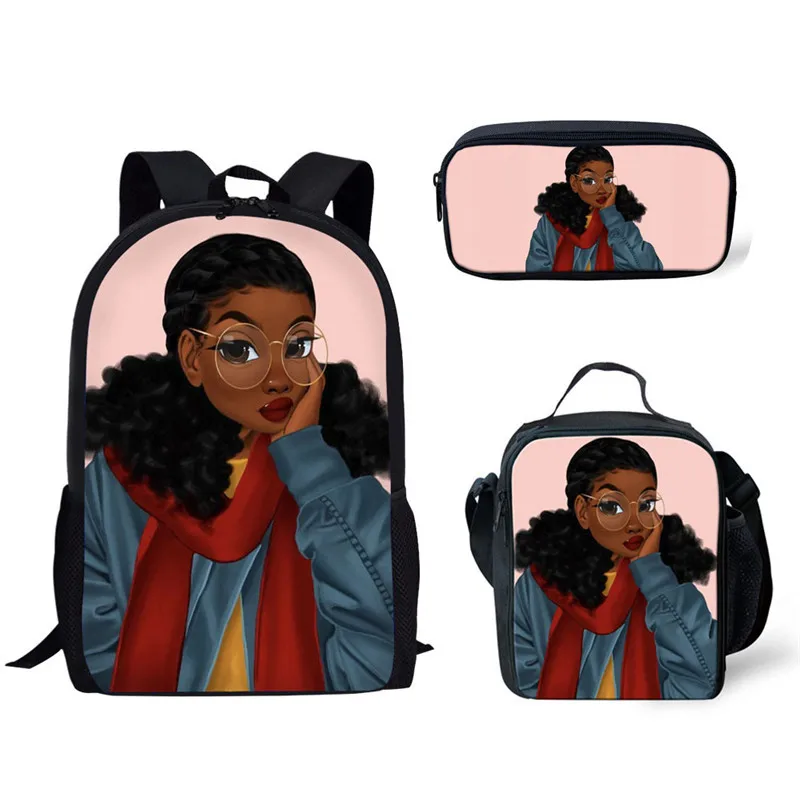 

African Black Girls Hairstyle Art Durable Large School Bag Student Backpack Lunch Bag Set New School Book Bags Children Kids