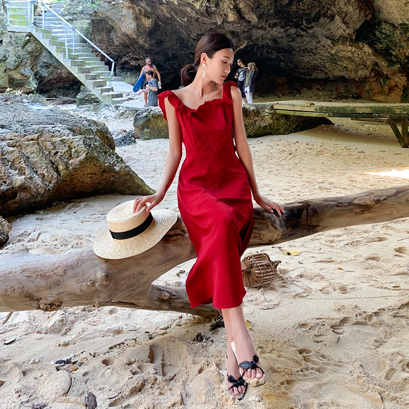 Женский летний сарафан бордового цвета длинное пляжное платье на тропических