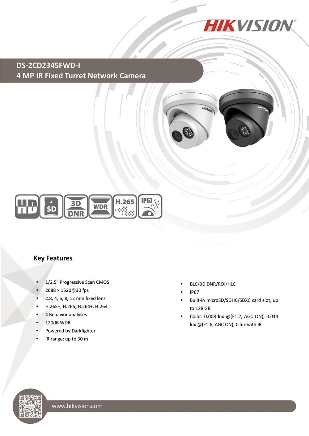 Hikvision, Darkfighter, PoE, IP камера, уличная, DS-2CD2345FWD-I, 4MP, револьверная, видеонаблюдение, камера безопасности, H.265 IR, 30m