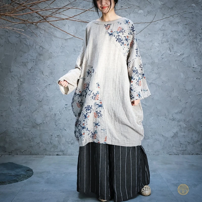 Johnature Autumn Retro Fashion Patchwork Floral Print O-neck Plus Size Dresses New Cotton Linen Long Sleeve Women Dress