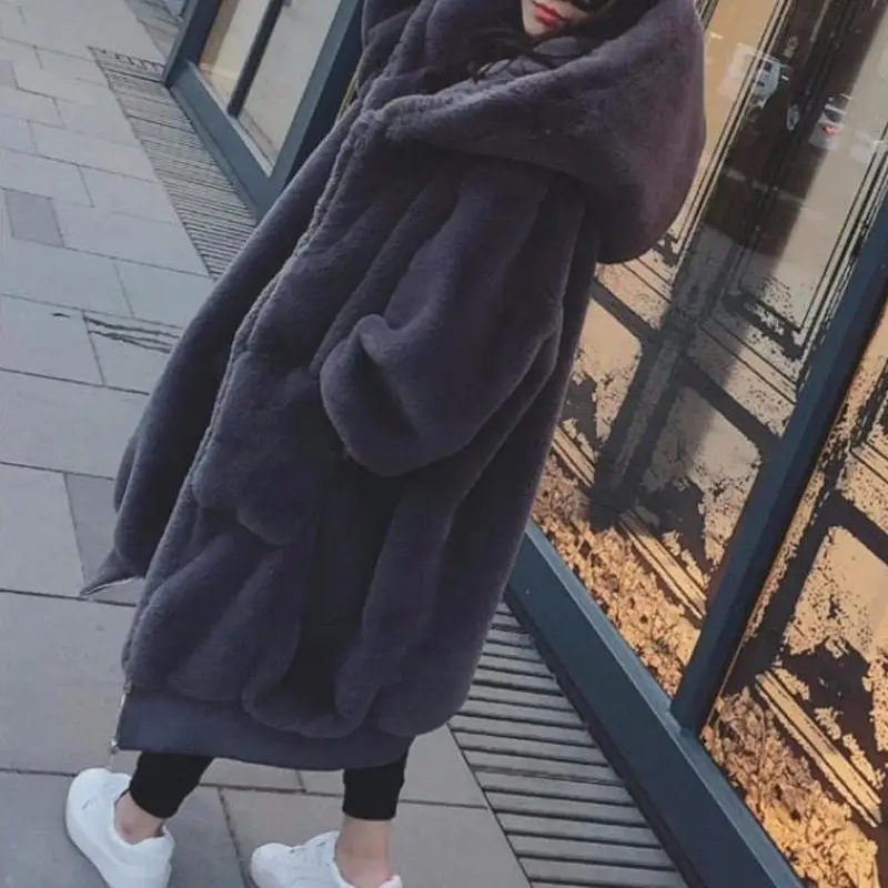 Dark gray Зимняя теплая куртка с капюшоном, большой размер, длинная однотонная шуба из искусственного меха, новинка, повседневная женская меховая куртка с длинным рукавом, верхняя одежда XL - Цвет: Dark gray