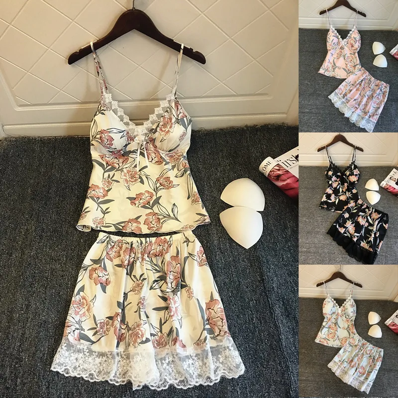 Женский пижамный комплект из 2 предметов атласная кружевная Пижама без рукавов